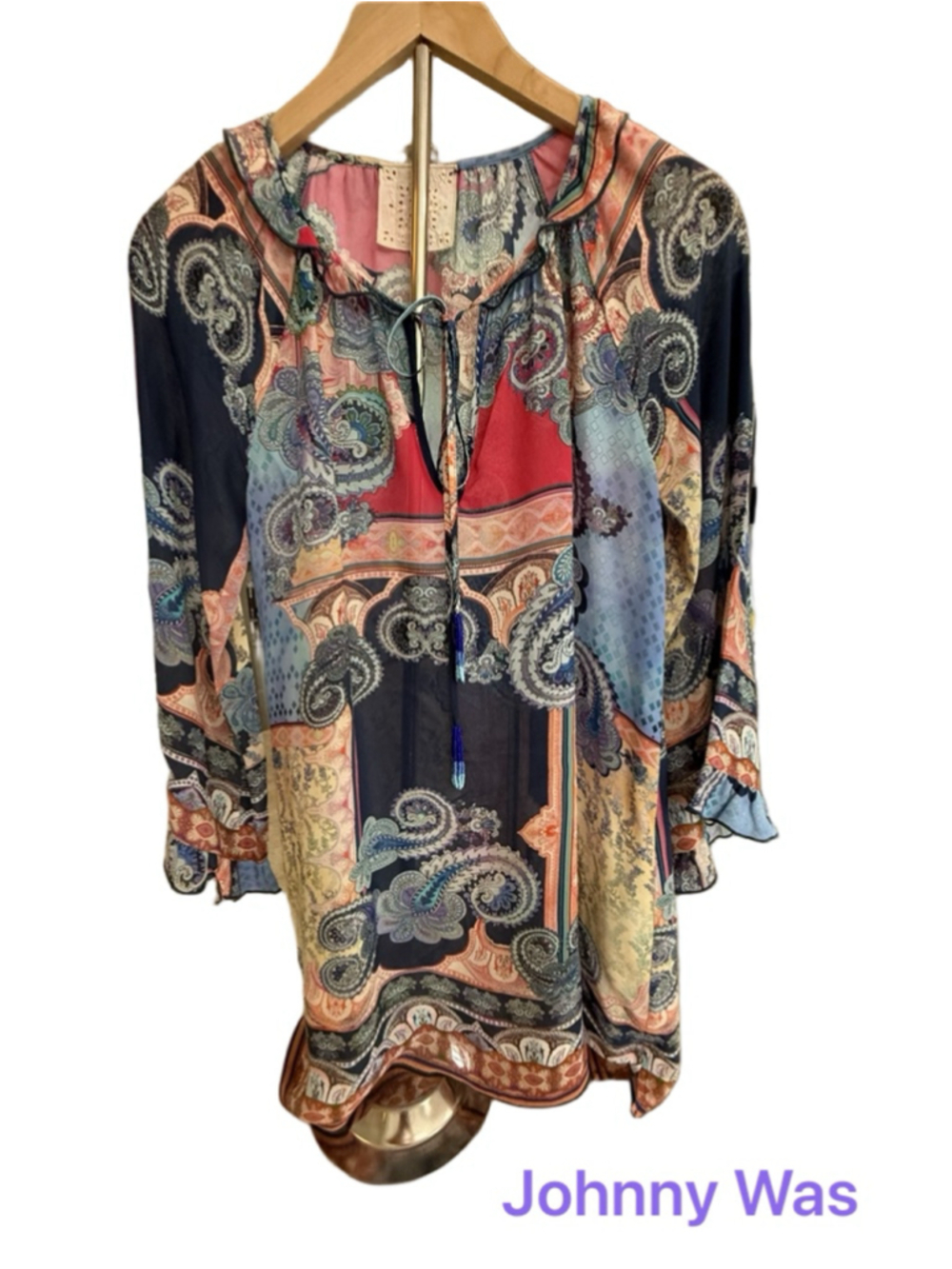 JOHNNY WAS Jade Paisley Tunic Top S in Blue and Red, beaded ties, ruffle sleeve